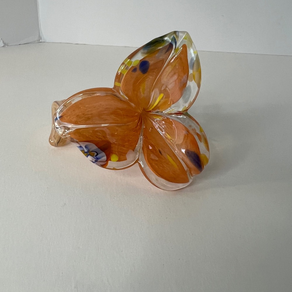 Vintage Vecchia VR Murano Art Glass Flower w Curled Stem Orange Blue 3"